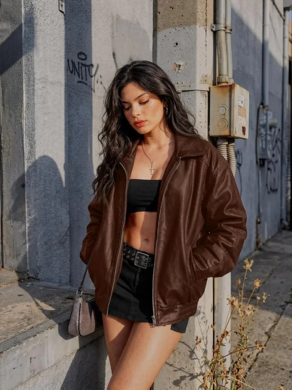 Women's Caramel Oversized Faux Leather Loose Weight Fall Winter Outerwear Jacket